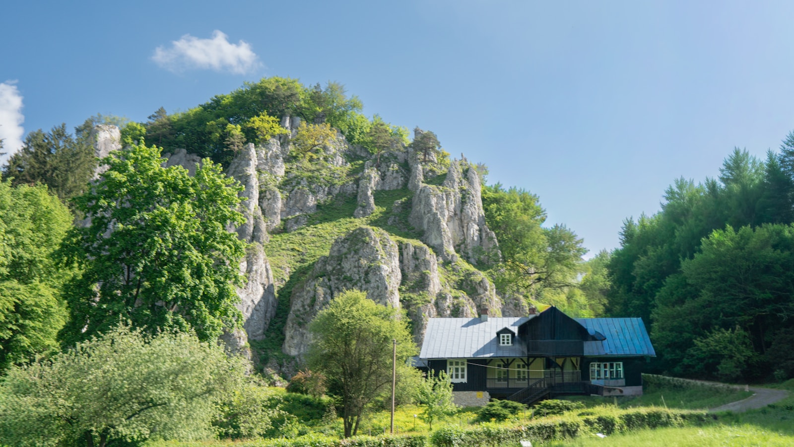 Domek otoczony zielenią i skałami w Ojcowie